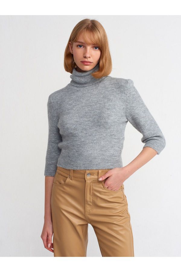 Dilvin Dilvin 10306 Turtleneck Short Sleeve Crop Sweater-dark Gray