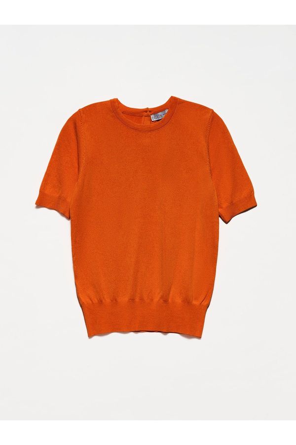 Dilvin Dilvin 1280 Crew Neck Buttoned Short Sleeve Sweater-Burnt Orange