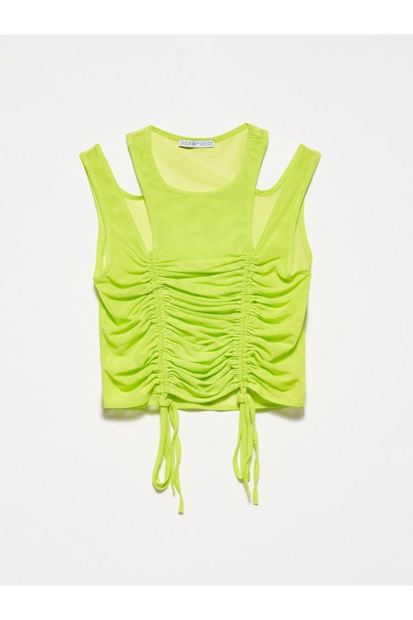 Dilvin Dilvin 20216 Gathered Tulle Top-lime