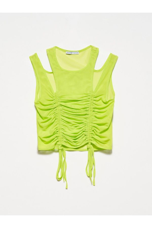 Dilvin Dilvin 20216 Shirred Tulle Top-lime