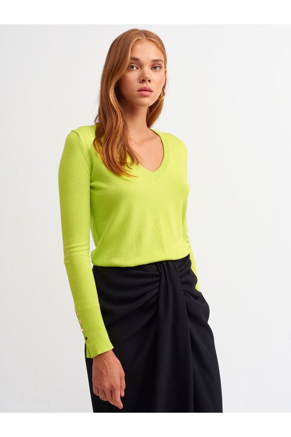 Dilvin Dilvin 2443 V-Neck Sleeve Cuff Drop Sweater-lime