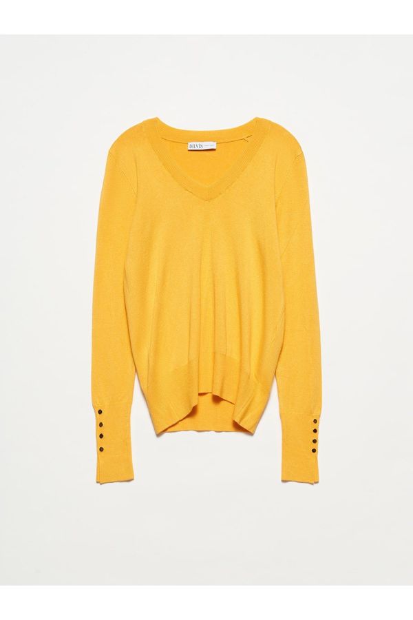 Dilvin Dilvin 2443 V-Neck Sweater-mustard with Drop Dropped Arm Cuffs