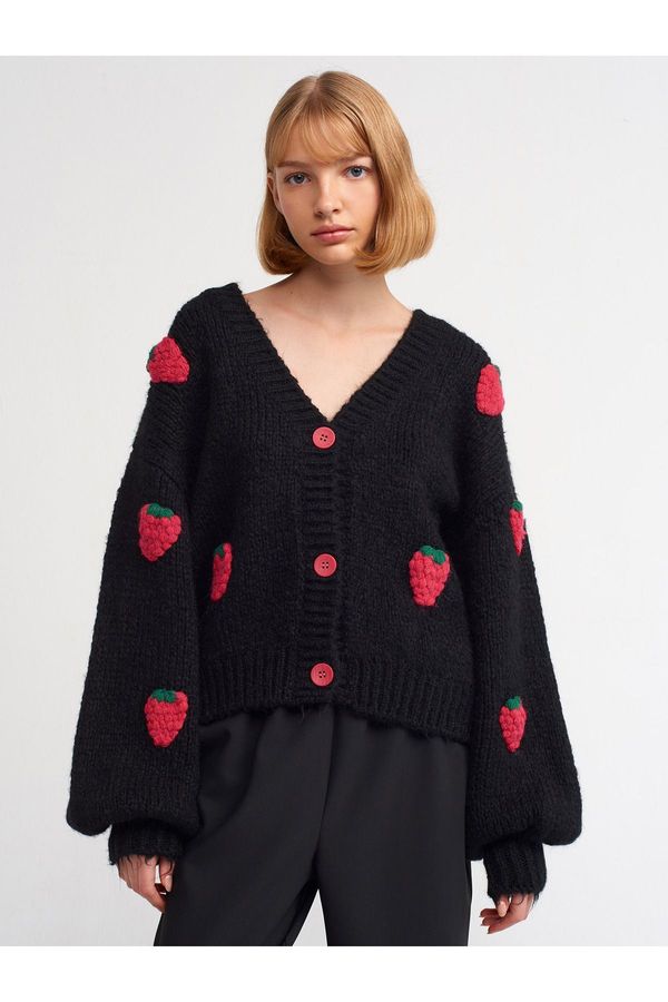 Dilvin Dilvin 60185 V Neck Strawberry Embroidered Balloon Sleeve Knitwear Cardigan-black