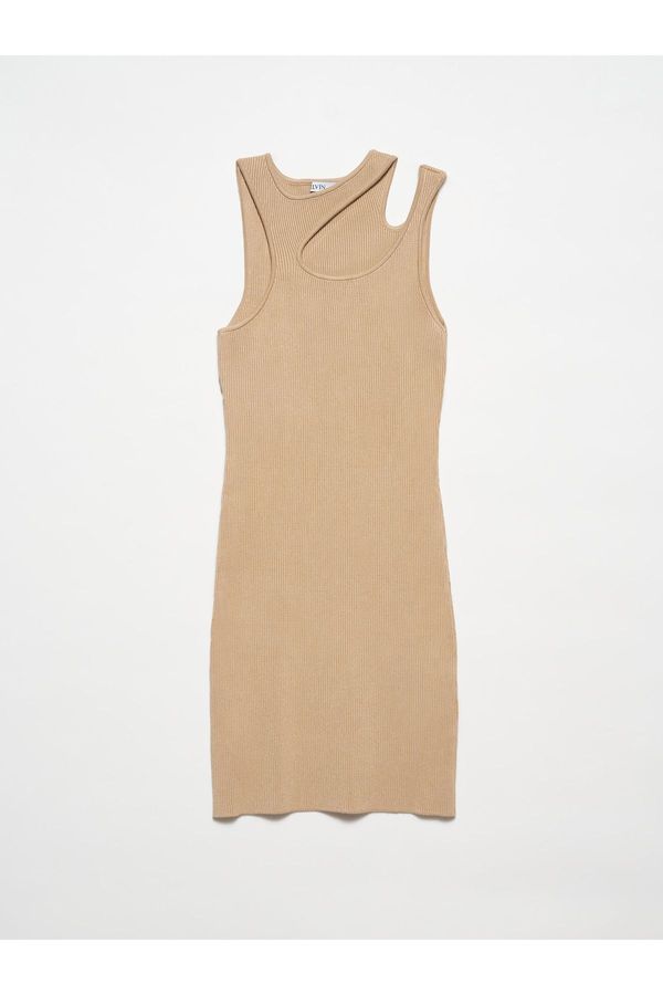 Dilvin Dilvin 90142 Crew Neck Decollete Left Shoulder Knitwear Dress-Beige