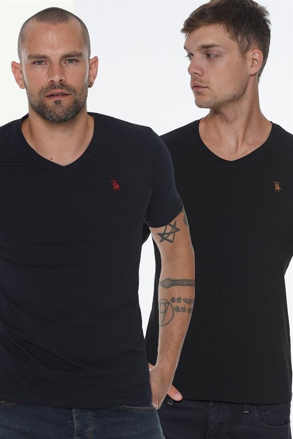 dewberry DOUBLE SET T8568 DEWBERRY V-NECK MEN'S T-SHIRT-NAVY - BLACK