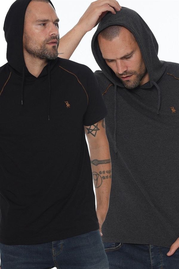 dewberry DOUBLE SET T8570 DEWBERRY HOODED MEN'S T-SHIRT-BLACK-ANTHRACITE