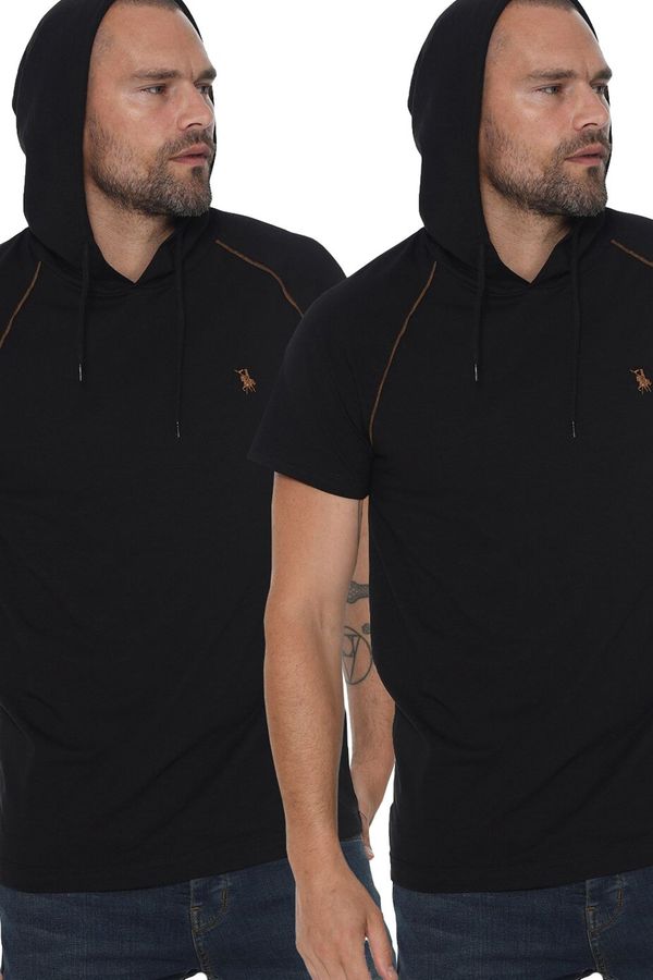 dewberry DOUBLE SET T8570 DEWBERRY HOODED MEN'S T-SHIRT-BLACK-BLACK