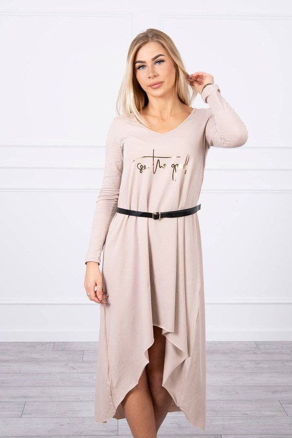 Kesi Dress with a decorative belt and inscription beige