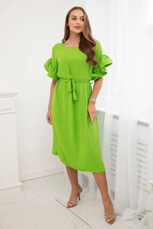 Kesi Dress with a tie at the waist with decorative pistachio sleeves