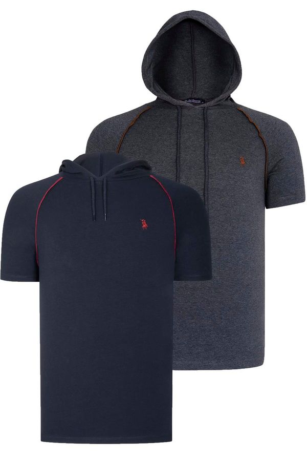 dewberry DUAL SET T8570 DEWBERRY HOODED MEN'S T-SHIRT-ANTHRACITE-NAVY BLUE