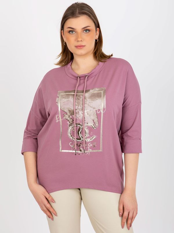 Fashionhunters Dusty pink blouse plus size with drawstrings and print