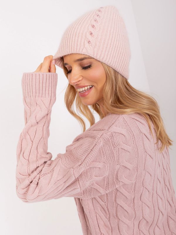 Fashionhunters Dusty pink knitted beanie with rhinestones