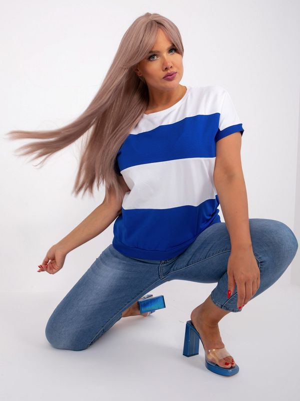 Fashionhunters Ecru and cobalt blue striped blouse plus size