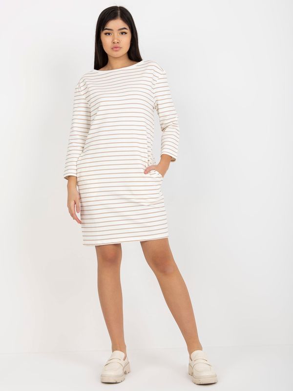 Fashionhunters Ecru-beige women's basic striped dress from RUE PARIS