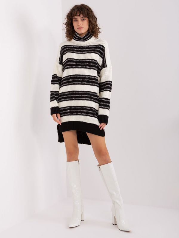 Fashionhunters Ecru-Black Knitted Turtleneck Dress