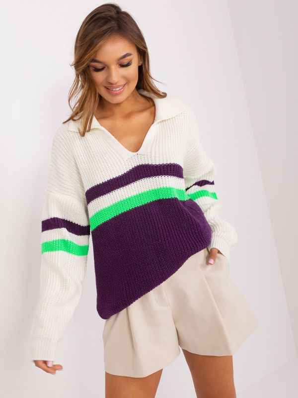Fashionhunters Ecru-dark purple oversize sweater with wool