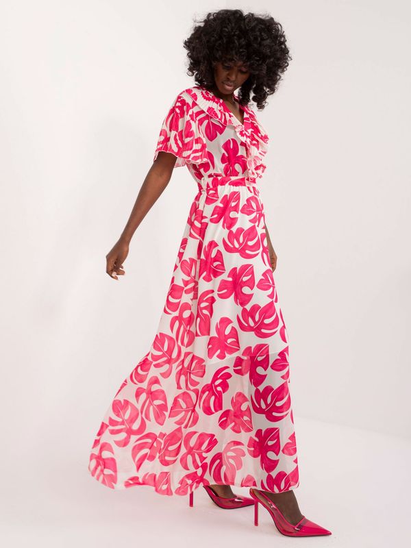 Fashionhunters Ecru-fuchsia dress with a floral print
