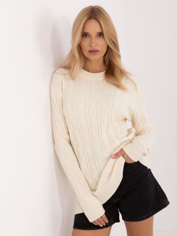 Fashionhunters Ecru long women's sweater with round neckline