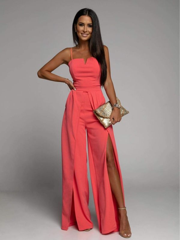 FASARDI Elegant coral jumpsuit with straps and slits