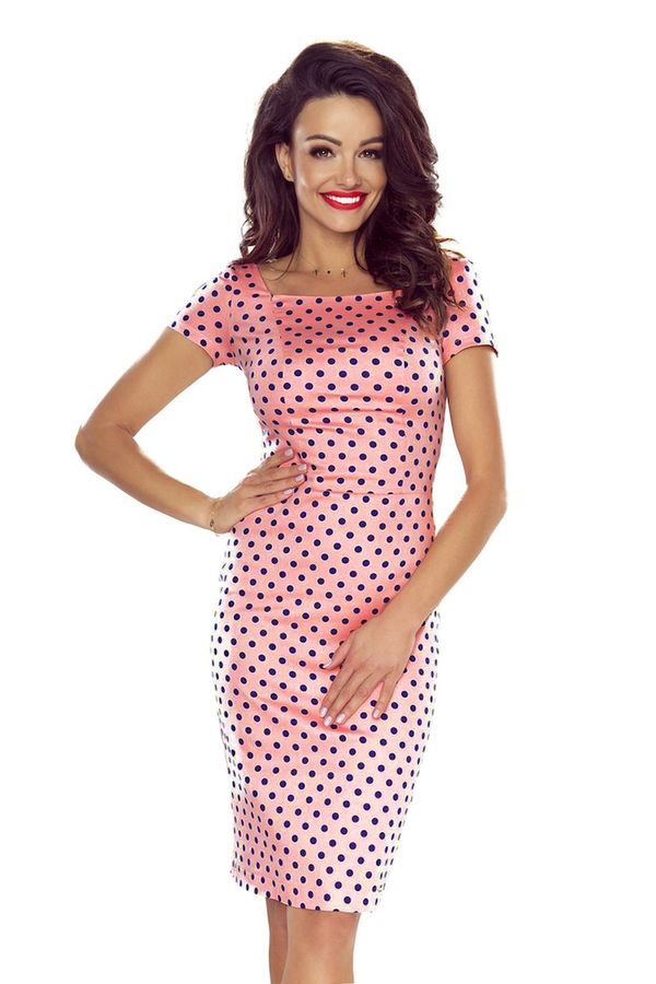 NUMOCO Elegant short-sleeved Bergamo cotton dress - pink with dark blue polka dots