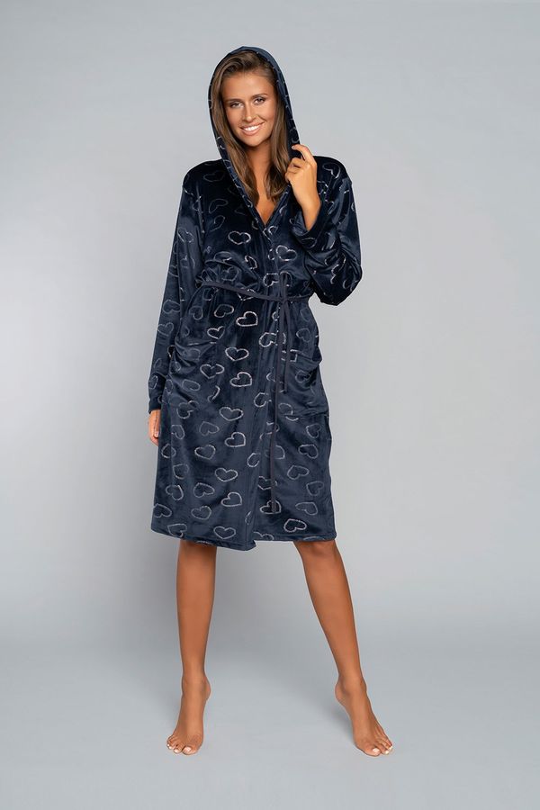 Italian Fashion Eliksir women's long-sleeved bathrobe - navy blue print