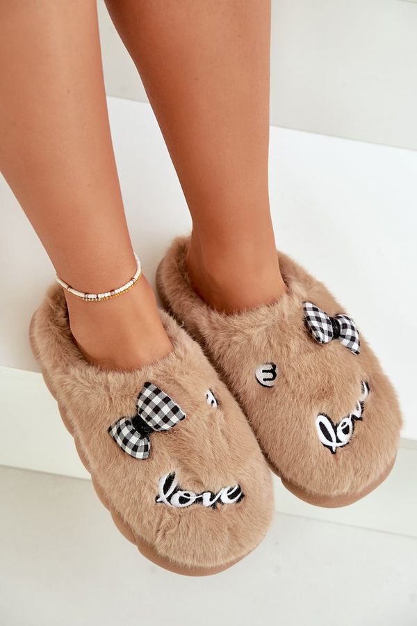 FK1 FK1 Womens Fur Slippers With Patches And Bow Brown Linnorelia