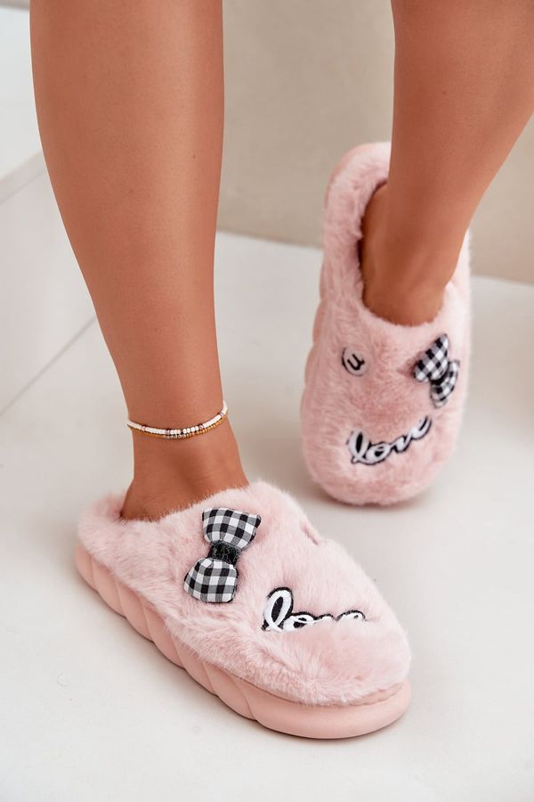 FK1 FK1 Women's Furry Slippers With Patches And Bow Pink Linnorelia