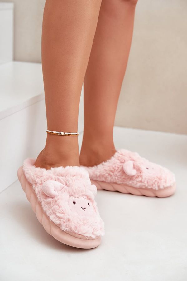 FK1 FK1 Womens Furry Slippers With Sheep Motif Pink Phaeia