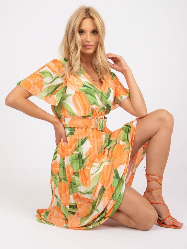 Fashionhunters Floral pleated dress of one size in orange and green