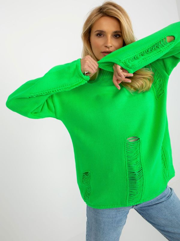 Fashionhunters Fluo green oversize sweater with holes and long sleeves