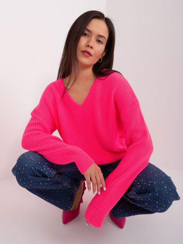 Fashionhunters Fluo pink oversize neckline sweater