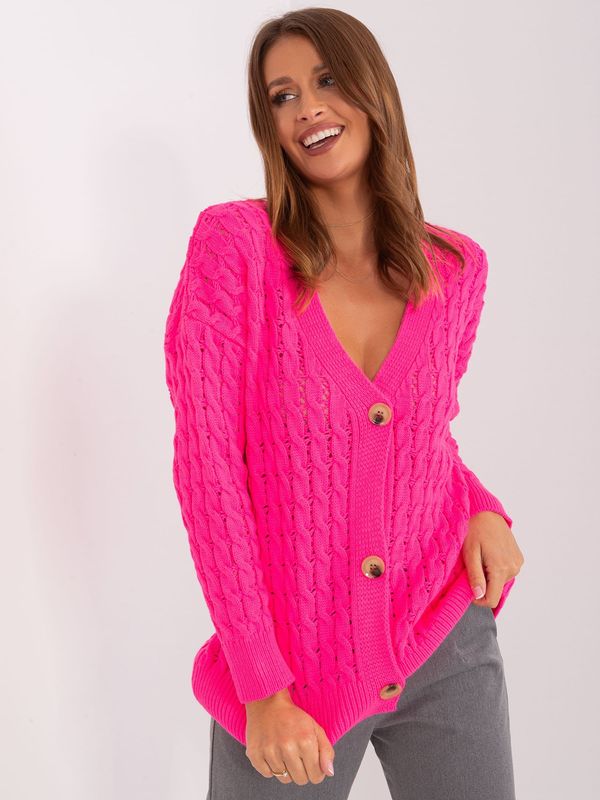 Fashionhunters Fluo pink women's cardigan with cables