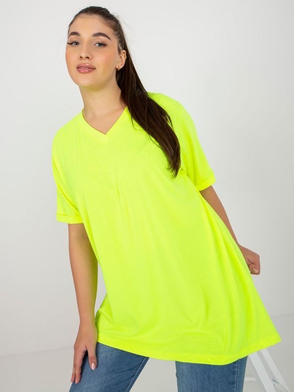Fashionhunters Fluo yellow plain blouse plus size with neckline