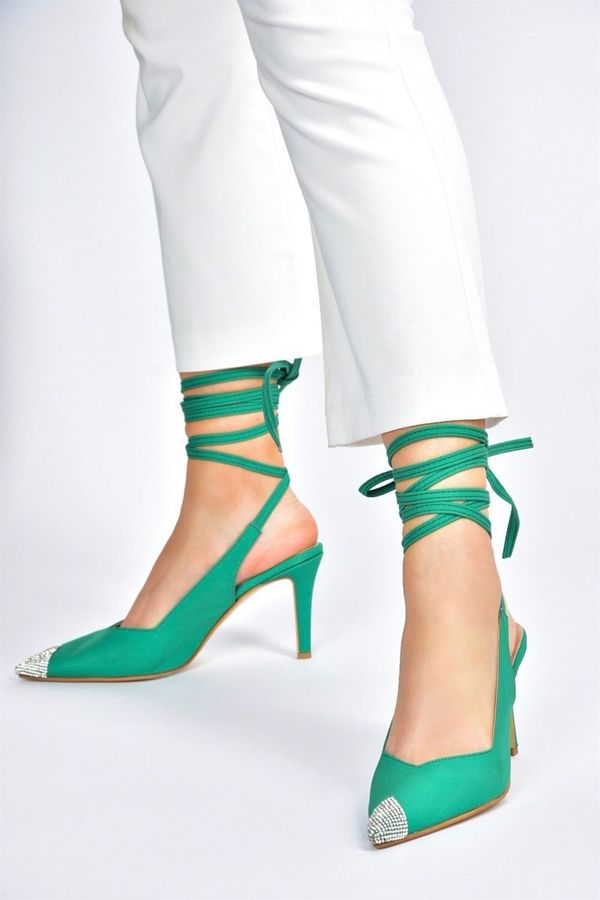 Fox Shoes Fox Shoes Green Satin Fabric Pointed Toe Stone Detailed Heeled Shoes
