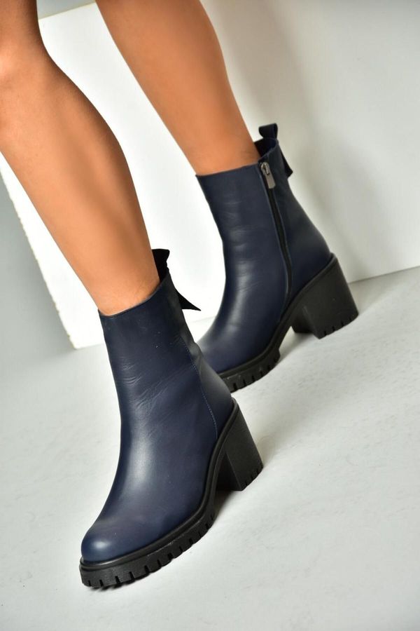 Fox Shoes Fox Shoes Navy Blue Genuine Leather Women's Thick Heeled Boots