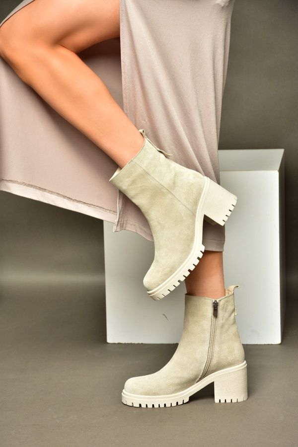 Fox Shoes Fox Shoes R654006502 Beige Genuine Leather and Suede Women's Boots with Thick Heels