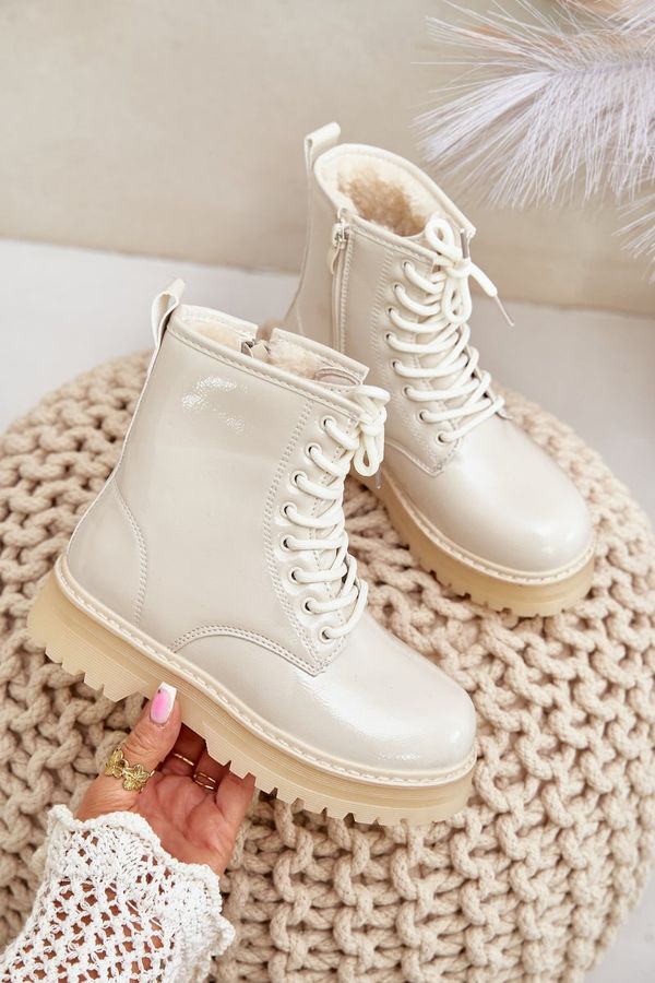 FR1 FR1 Warm Girls Patent Boots With Zipper Beige Novita