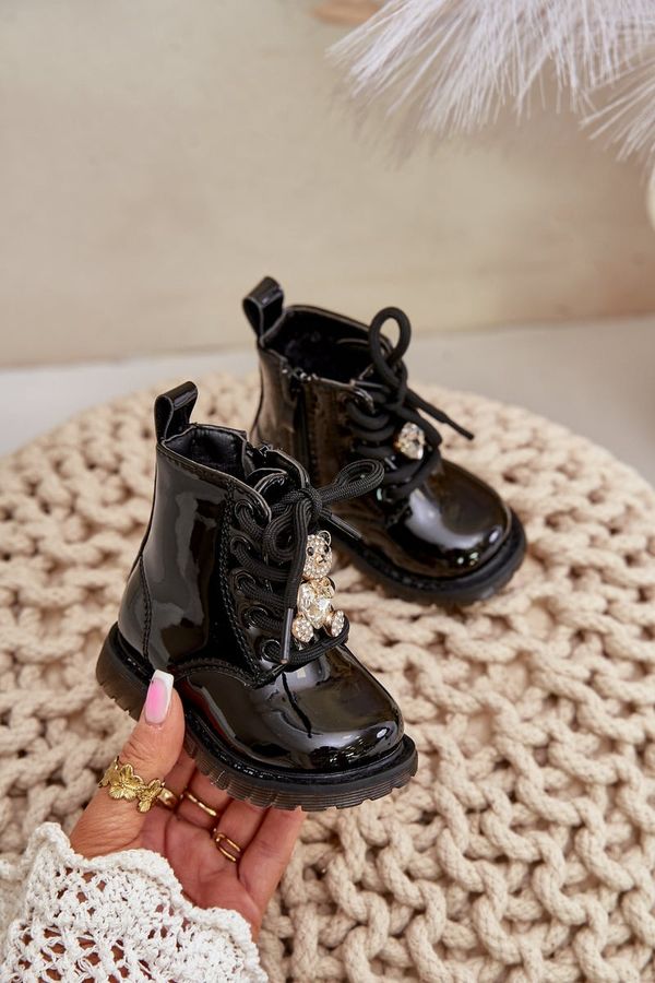 FR1 FR1 Warm Patent Leather Kids Boots With Bear And Zipper Black Enchanta