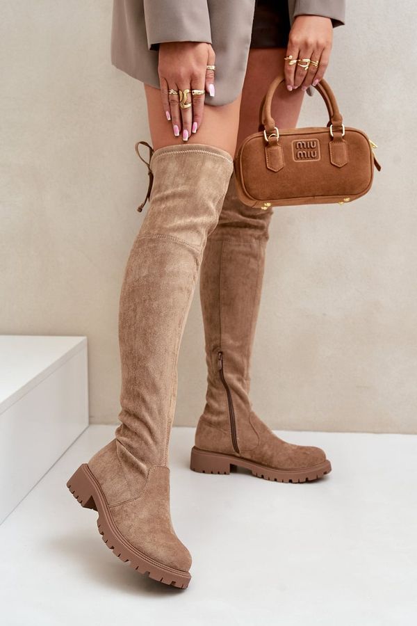 FS1 FS1 Knee High Boots On Flat Heel Made Of Eco Suede Beige Arkelia