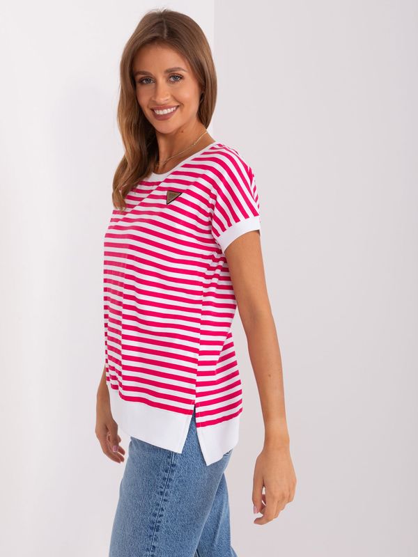 Fashionhunters Fuchsia and white casual blouse with short sleeves
