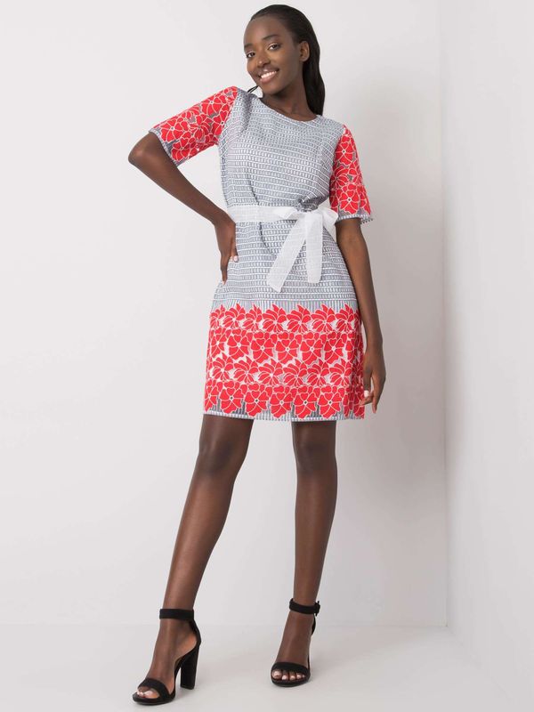 Fashionhunters Gray and red patterned dress with belt