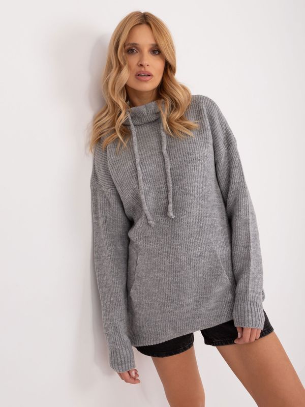 Fashionhunters Gray long oversize sweater with drawstrings