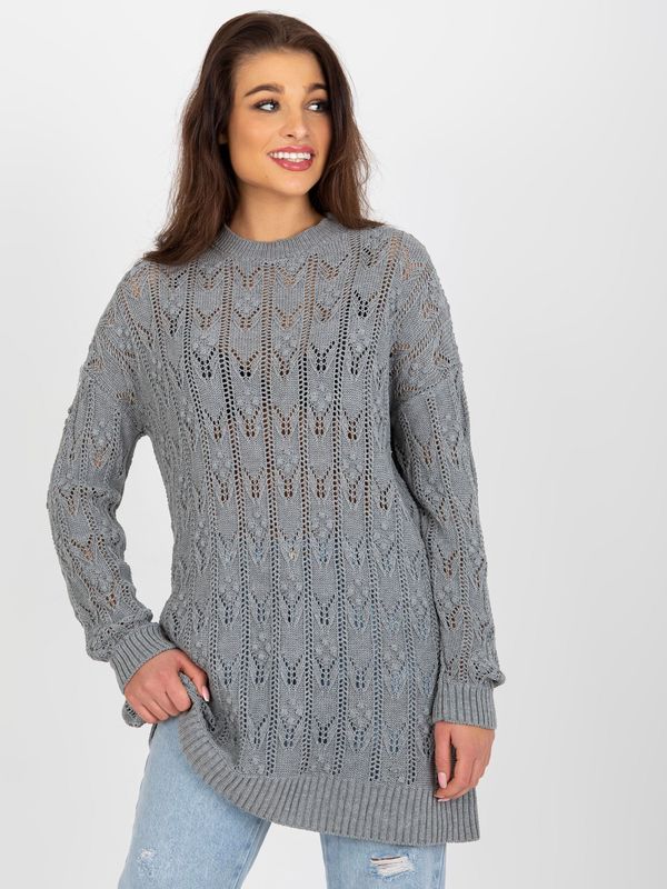 Fashionhunters Gray openwork knitted dress with long sleeves