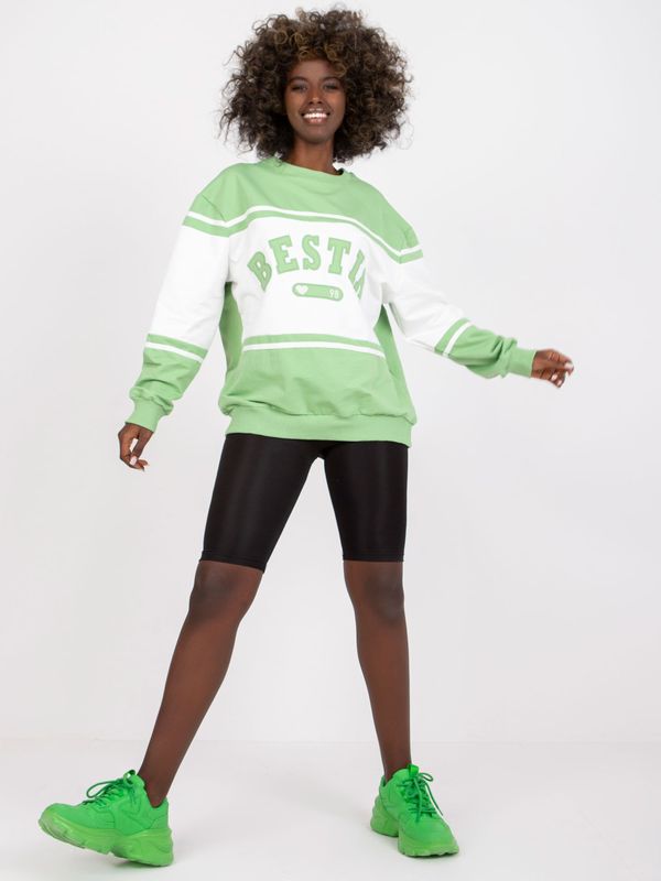 Fashionhunters Green-and-white hoodie with long sleeves