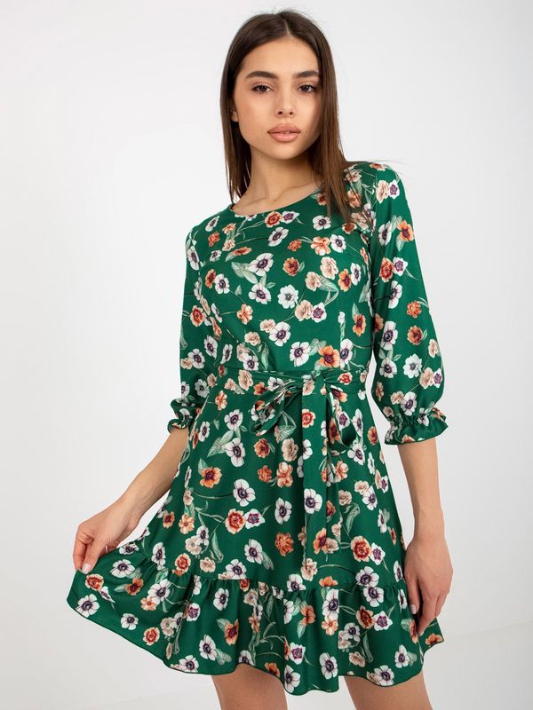 Fashionhunters Green flowing dress with flowers with frill