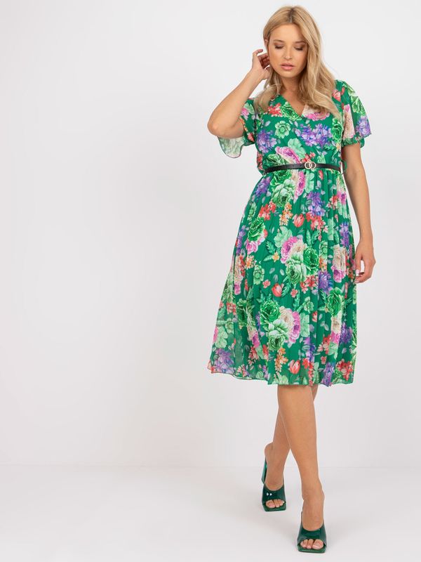 Fashionhunters Green pleated midi dress with floral prints