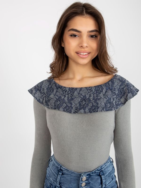 Fashionhunters Grey and dark blue blouse with lace boat neckline