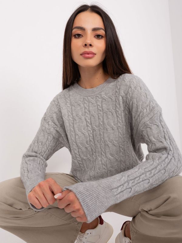 Fashionhunters Grey sweater with cables and round neckline