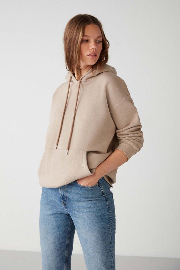 GRIMELANGE GRIMELANGE Adel Women's Organic Cotton Polar Fleece Soft Relaxed Kangaroo Pocket Hooded Beige Sweatshirt