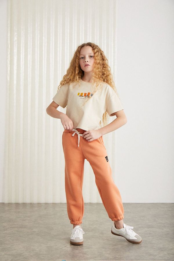 GRIMELANGE GRIMELANGE AGATE-GRM24025 100% cotton printed short sleeve girls t-shirt Beige T-Shirt